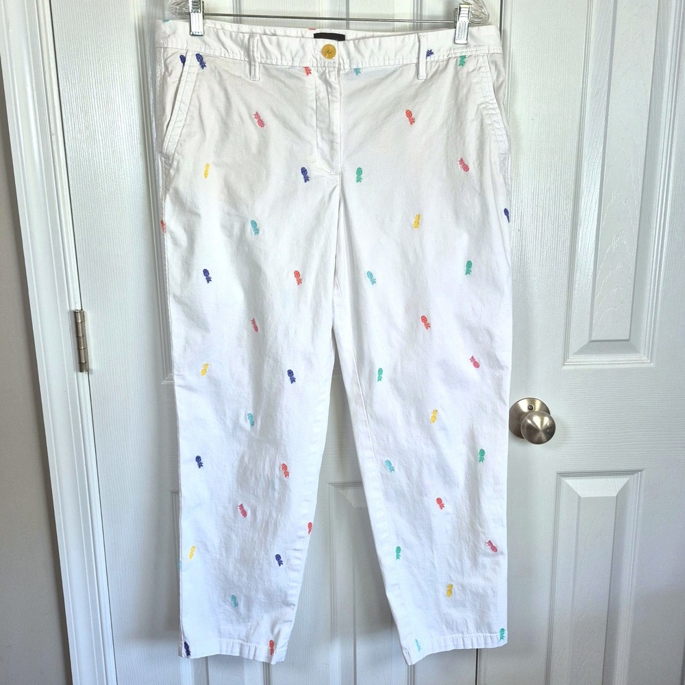 Talbots white multicolor pineapple embroidered relaxed pants womens 14P petites